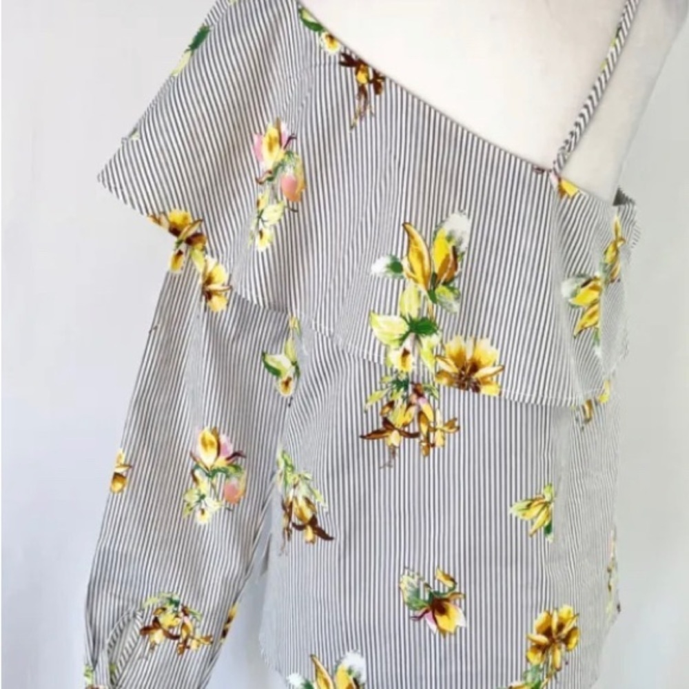 Lumière Floral Striped One Shoulder Long Sleeve Shirt Grey Multi Size S - Picture 7 of 10